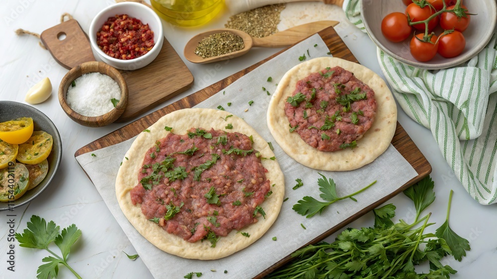 Preparing a flavorful flatbread topped with minced meat and fresh herbs during a home baking session Preparing a flavorful flatbread topped with minced meat and fresh herbs during a home baking session