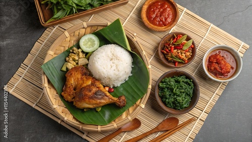 Delicious ayam betutu served with rice and assorted side dishes in a vibrant top-down view photo