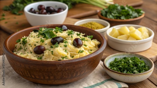 Delicious bacalhau br s served in rustic bowl with olives and herbs for a hearty meal photo