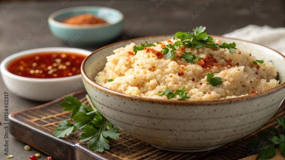 Close up view of a delicious bowl of creamy rice topped with fresh herbs and spices on a rustic table setting Close up view of a delicious bowl of creamy rice topped with fresh herbs and spices on a rustic table setting