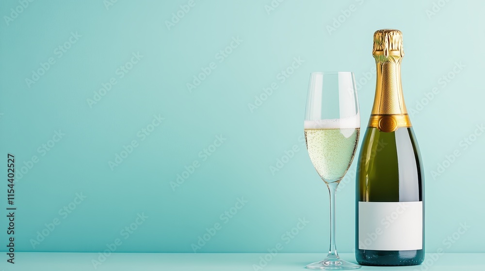 A sleek champagne bottle with a filled flute stands against a subtle teal background, showcasing a minimalist and modern design, perfect for celebrations or elegance. A sleek champagne bottle with a filled flute stands against a subtle teal background, showcasing a minimalist and modern design, perfect for celebrations or elegance.