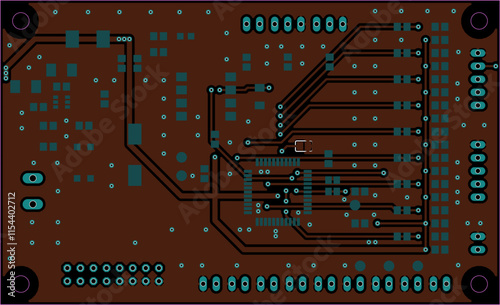 Tracing conductors of printed circuit board
of electronic device. Vector engineering 
drawing of pcb design. Electric background.
Computer technic cad project.
