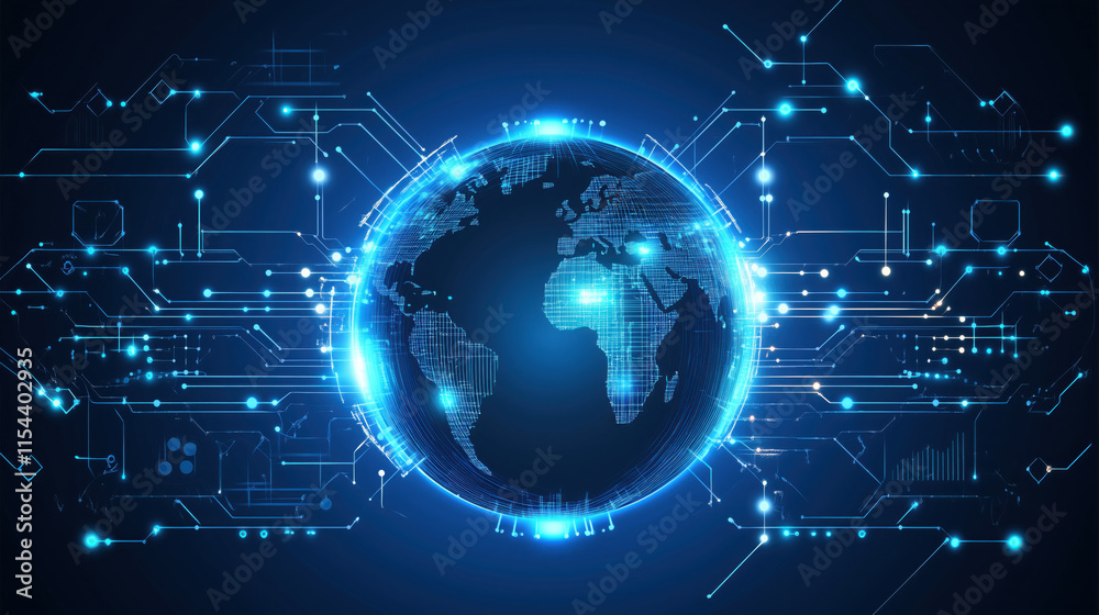 Futuristic Vector Globe Featuring Glowing Circuits and Data Trails, Representing Worldwide Digital Communication and Connectivity Futuristic Vector Globe Featuring Glowing Circuits and Data Trails, Representing Worldwide Digital Communication and Connectivity