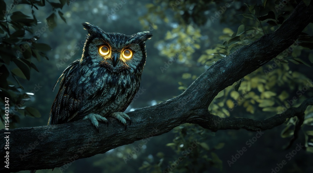 Glowing-eyed owl perched on a tree branch at night. Glowing-eyed owl perched on a tree branch at night.