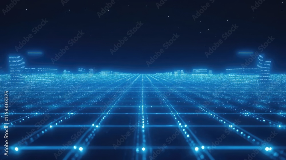 Futuristic Digital Landscape with Grid and Neon Blue Lights Futuristic Digital Landscape with Grid and Neon Blue Lights