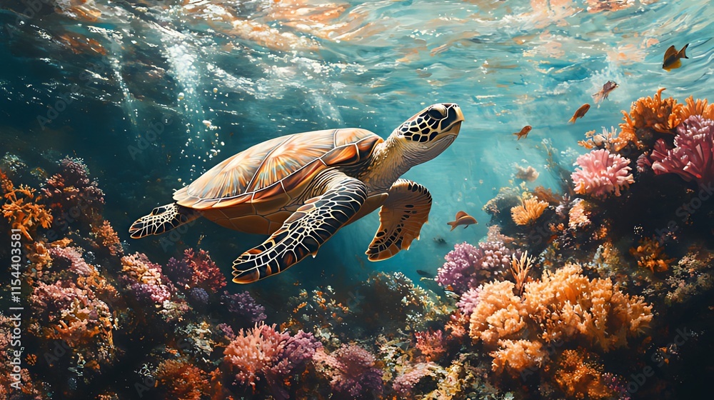 Fototapeta premium Sea turtle gracefully swims through vibrant coral reef, sunlight streams through water.