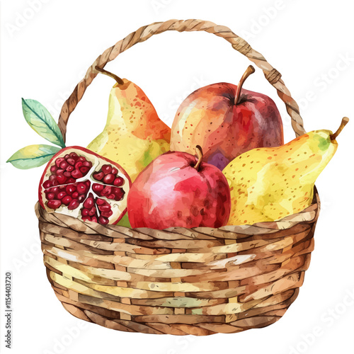 A watercolor vector of a basket of mixed fall fruits like pears and apples, isolated on a white background. Fall fruit basket vector.
