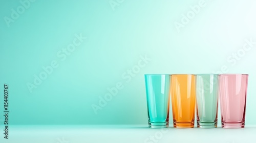 A neat alignment of tall glasses filled with colorful liquids, set against a light blue background, showcasing order, simplicity, and aesthetic beauty. photo