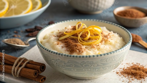 Delightful bowl of arroz doce with cinnamon and lemon zest elegantly styled for a cozy dessert experience