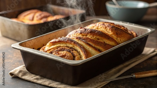 Freshly baked babka loaves cooling in metal pans on a rustic kitchen countertop photo