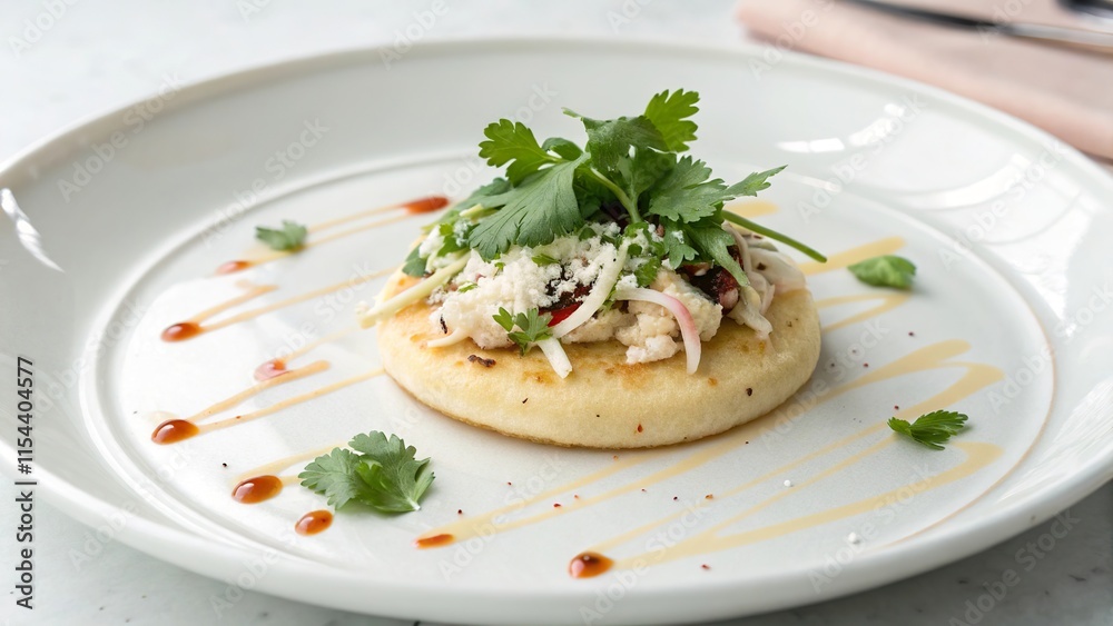 Minimalist arepa served on a clean white plate with fresh toppings and sauces for a delightful culinary experience Minimalist arepa served on a clean white plate with fresh toppings and sauces for a delightful culinary experience