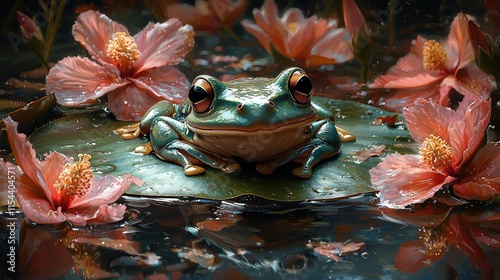   A frog atop lily pad in pond with pink surroundings and lily pads photo