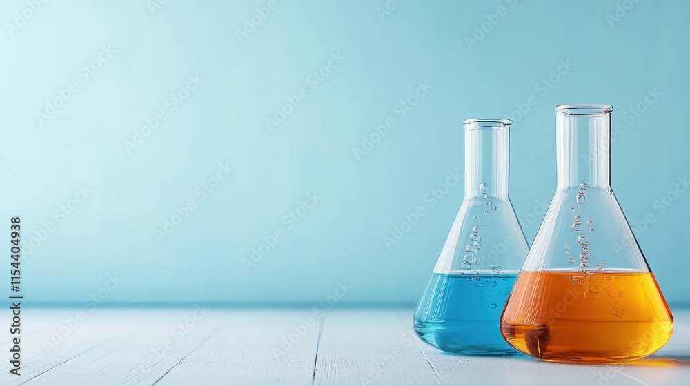 Close-up of two Erlenmeyer flasks on a light blue background, one containing a blue liquid and the other, an orange liquid with bubbles. Perfect for scientific themes.