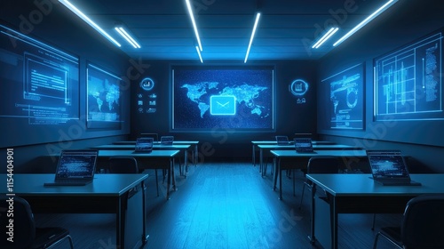 Modern Classroom with Digital Displays and High-Tech Equipment
