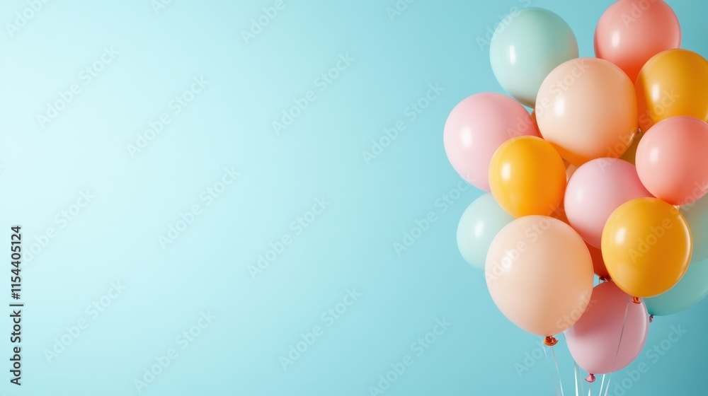 Brightly colored balloons, including pink, yellow, and teal, gracefully float against a clear blue sky, creating a mood of festivity and buoyancy. Brightly colored balloons, including pink, yellow, and teal, gracefully float against a clear blue sky, creating a mood of festivity and buoyancy.