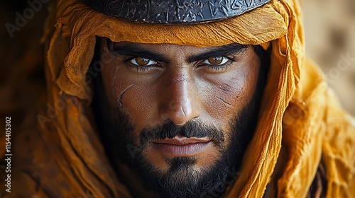 Berber warrior from the 12th century in traditional leather armor with a curved sword in the Moroccan desert photo