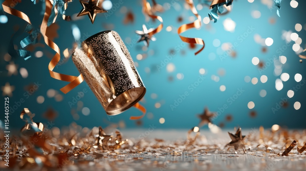 A glitter-covered cup is surrounded by curling gold ribbons and hanging stars, set against a sparkling bokeh background, evoking a sense of celebration and elegance.