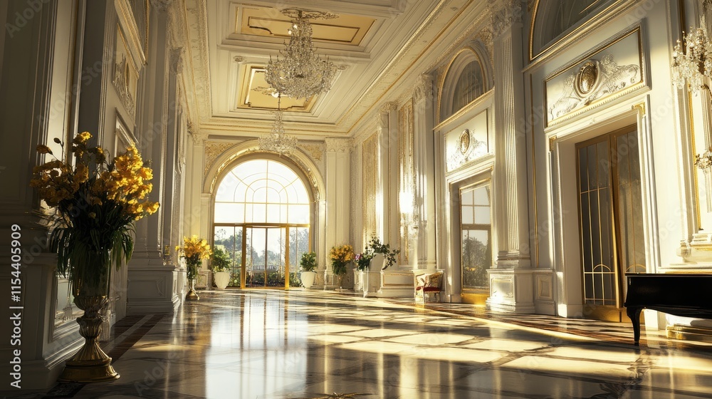 Fototapeta premium Elegant Grand Hall with Natural Light and Ornate Decor Elements