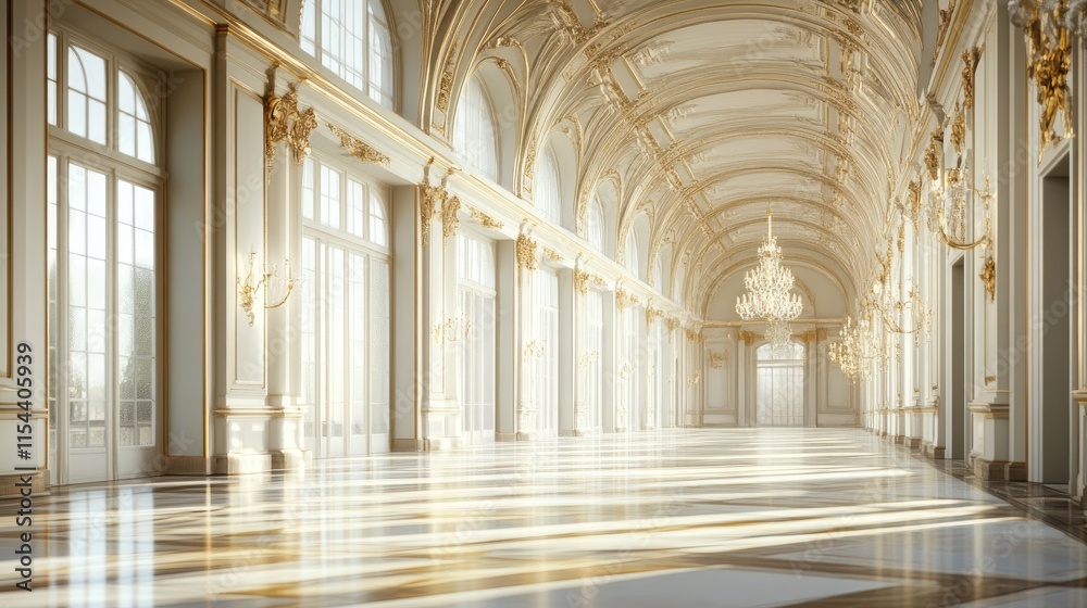 Elegant Grand Hall with Luxurious Chandeliers and Golden Details