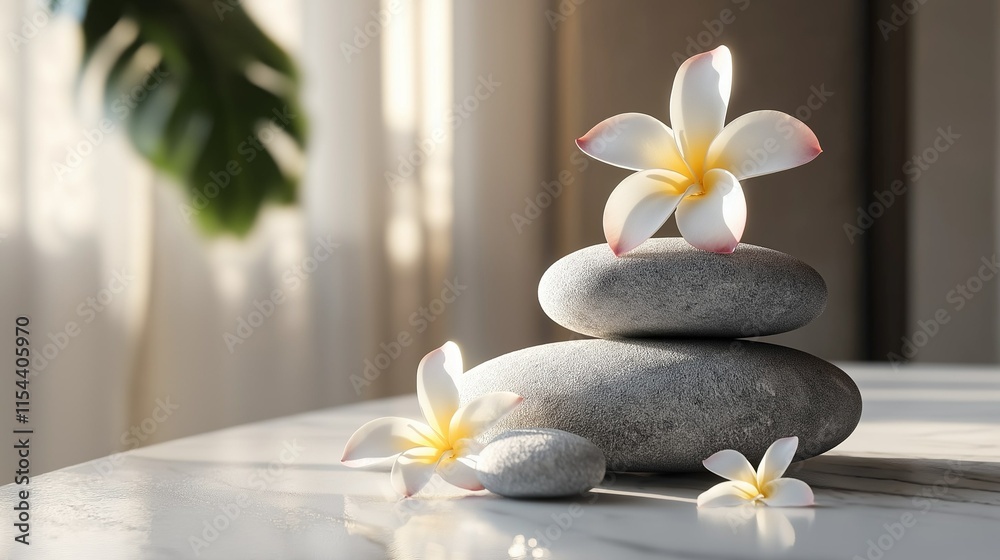 Spa still life with zen stones and white orchids Beautiful composition with spa stones on the table Spa still life with zen stones and white orchids Beautiful composition with spa stones on the table