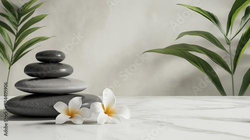 Spa still life with zen stones and white orchids Beautiful composition with spa stones on the table