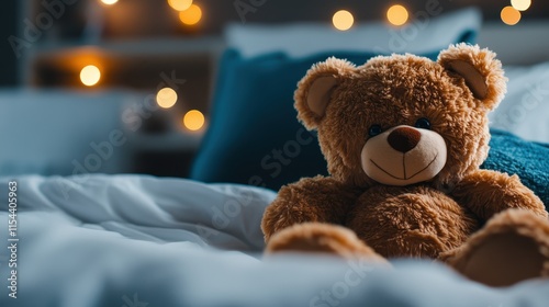 An adorable teddy bear finds a cozy spot on a bed, adorned by warm, ambient lights, forming a nurturing and peaceful ambiance perfect for relaxation.