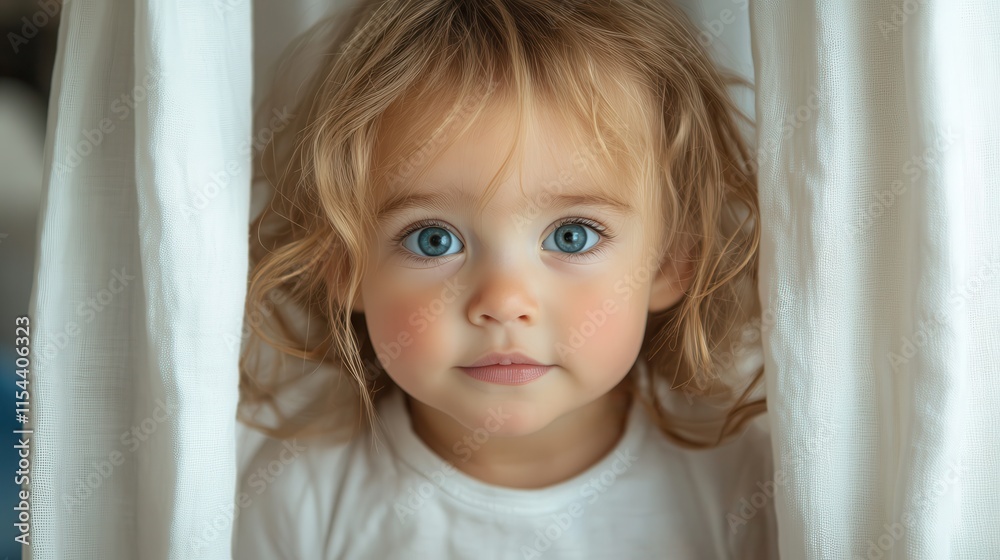 A charming photo of a curious baby with bright blue eyes peeking through white curtains, showcasing a moment of exploration and innocence, set in a cozy indoor environment. A charming photo of a curious baby with bright blue eyes peeking through white curtains, showcasing a moment of exploration and innocence, set in a cozy indoor environment.