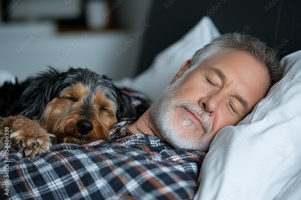 man sleeping with his dog in bed. Sleeping with your dog has been shown to reduce depression and anxiety. man sleeping with his dog in bed. Sleeping with your dog has been shown to reduce depression and anxiety.