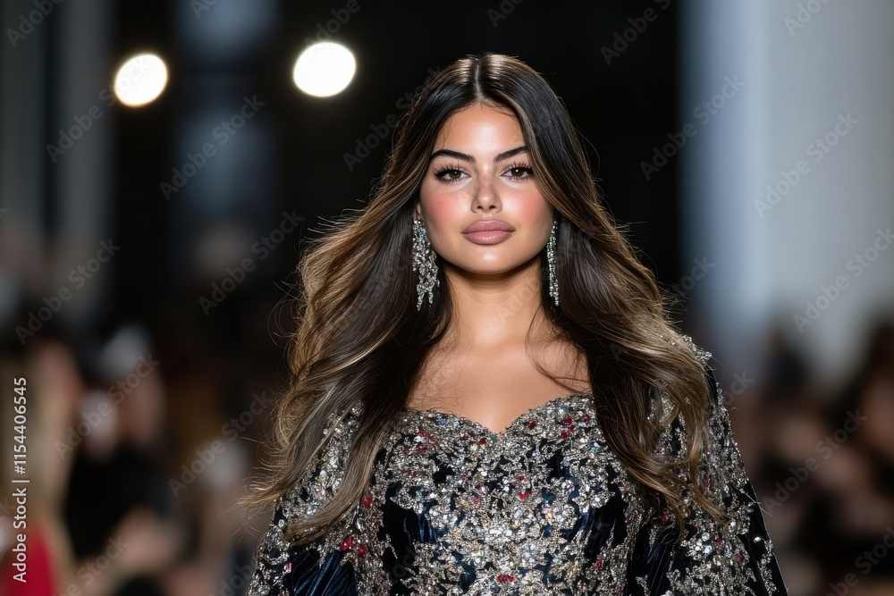 A stunning model poses confidently in a magnificent embroidered dress, reflecting beauty and grace amidst a fashionable runway setting with bright lights and an eager audience. A stunning model poses confidently in a magnificent embroidered dress, reflecting beauty and grace amidst a fashionable runway setting with bright lights and an eager audience.