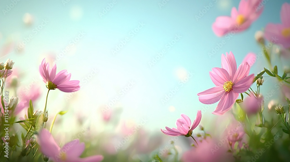 A lush field adorned with vibrant pink blossoms, set against a serene blue backdrop with scattered verdant foliage in the foreground A lush field adorned with vibrant pink blossoms, set against a serene blue backdrop with scattered verdant foliage in the foreground