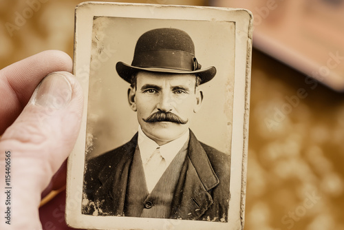 hand holding an old fashioned portrait of a man wearing a bowler hat and a thick handlebar mustache
