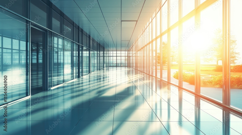 Bright Modern Corridor with Glass Walls and Natural Light Rays