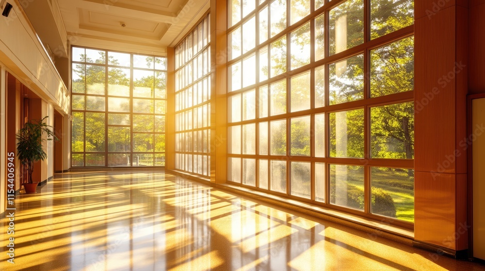Fototapeta premium Sunlit Modern Hallway with Large Windows and Lush Greenery Outside