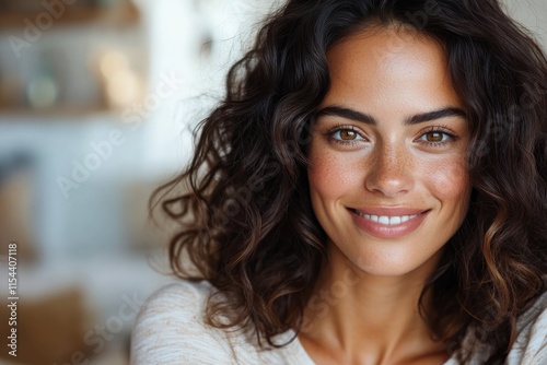 A genuine smile emerges from a young woman with voluminous curly hair, presenting a cozy indoor atmosphere that enhances the warmth and comfort of the moment captured.