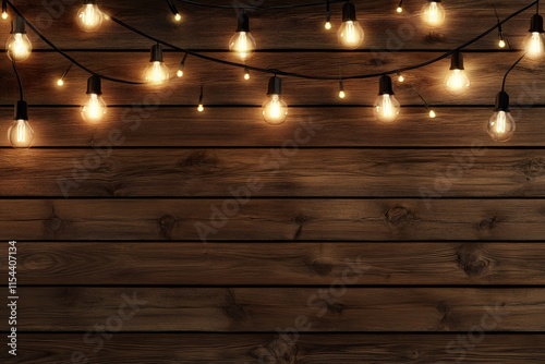 Warm string lights illuminate a rustic wooden background.