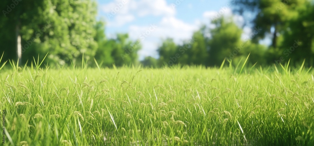 Lush green grass under a bright blue sky with trees in the background. Lush green grass under a bright blue sky with trees in the background.