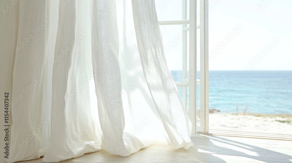 Bright White Curtains Flowing by Bright Ocean View on Sunny Day Bright White Curtains Flowing by Bright Ocean View on Sunny Day