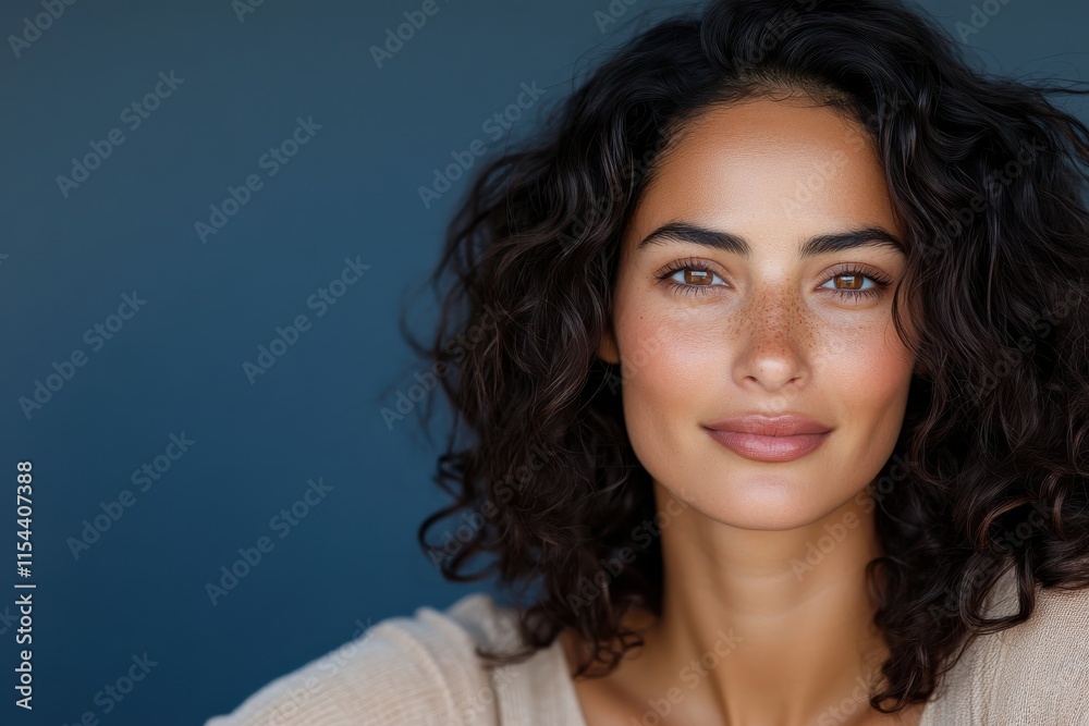 A close-up image of a freckled woman with gorgeous curly hair and a soft, inviting smile, presenting an enchanting and lively expression in a rich background.