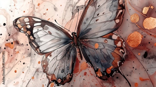   Close-up of a butterfly on a white and orange background with golden circles on its wingtips