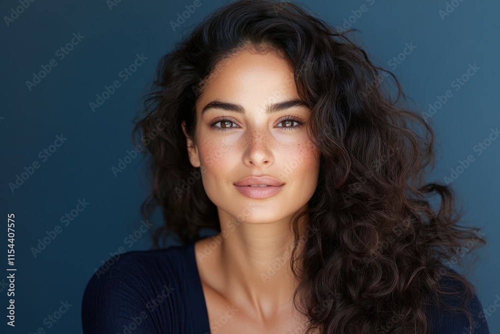This captivating portrait features a young woman with beautiful curly hair and a radiant smile, set against a solid backdrop that enhances her glowing expression. This captivating portrait features a young woman with beautiful curly hair and a radiant smile, set against a solid backdrop that enhances her glowing expression.