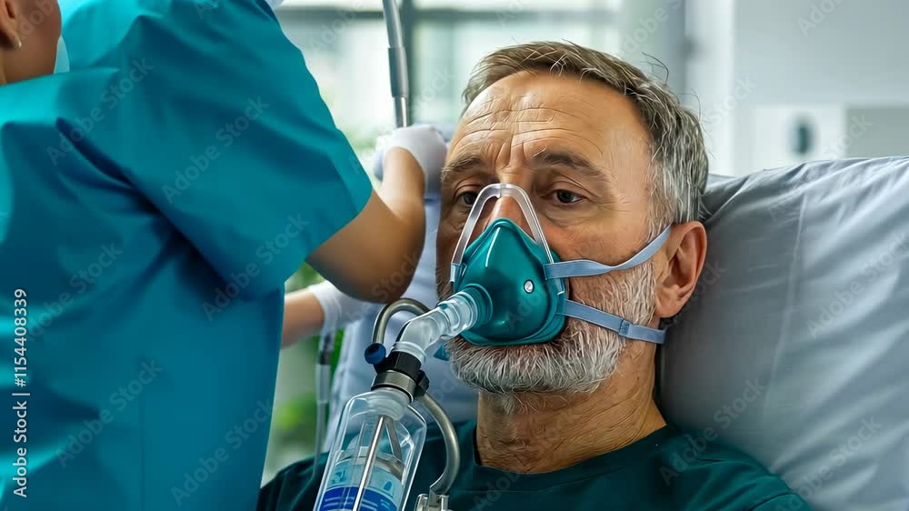 A healthcare worker, likely a female nurse, assists an older Caucasian man gently with an oxygen mask. The scene conveys urgency and care in a bright hospital environment.