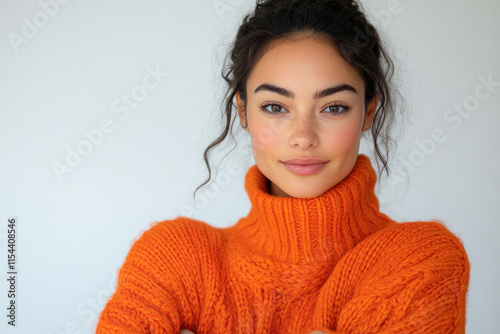 Woman in orange sweater and ponytail smiling in front of a colorful graffiti wall.