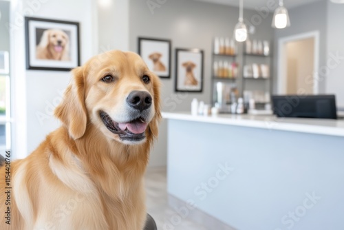 A cheerful golden retriever poses happily in a bright pet grooming salon, surrounded by a warm atmosphere, showcasing the bond between pets and their caregivers. photo