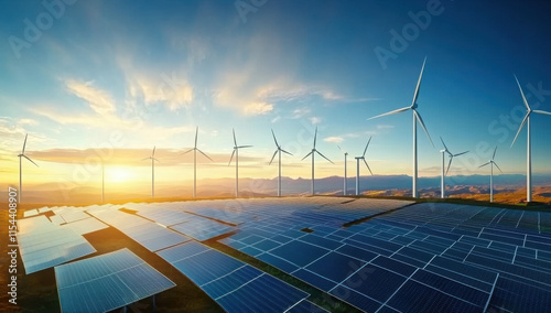 Rows array of Solar panels and wind turbines generating electricity in hybrid power plant systems station , alternative clean energy renewable efficiency