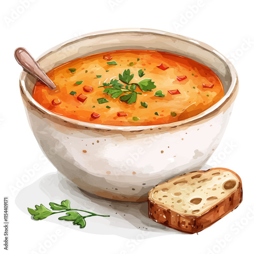 A watercolor vector of a bowl of autumn soup garnished with fresh herbs, isolated on a white background. Autumn soup bowl vector.
