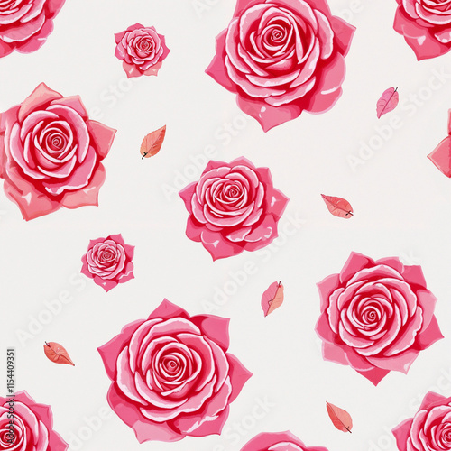 Wallpaper Mural Bright seamless pattern of pink roses with leaves on a white background, floral design Torontodigital.ca