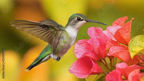   A hummingbird perches on a bloom with outstretched wings and an upturned bill photo