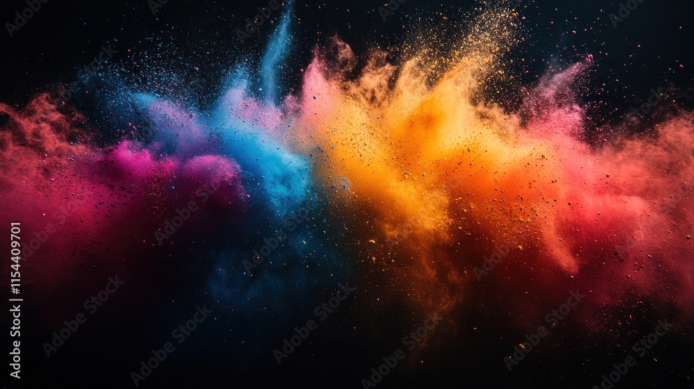 Vibrant multicolored powder explosion on black background. Vibrant multicolored powder explosion on black background.