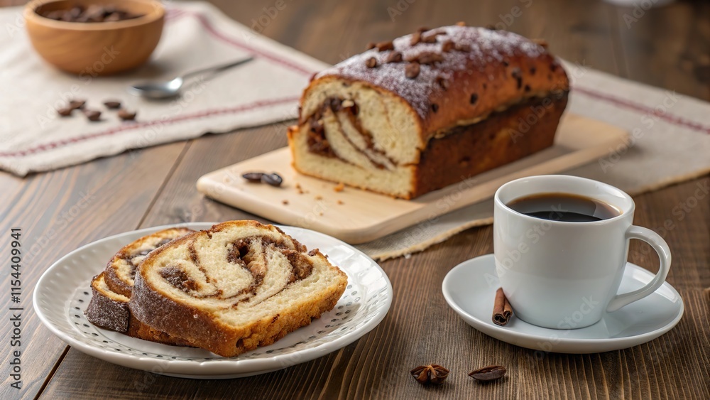 Deliciously sliced babka with filling served alongside hot coffee on a rustic wooden table Deliciously sliced babka with filling served alongside hot coffee on a rustic wooden table