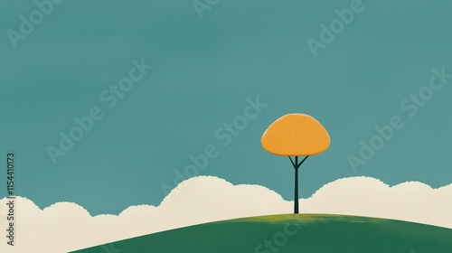 Single Yellow Tree Silhouetted Against a Blue Sky with Soft Clouds in a Minimalist Landscape Setting